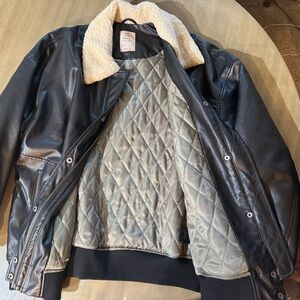 We The Free Black Leather Bomber Jacket with Shearling Collar(Women’s)